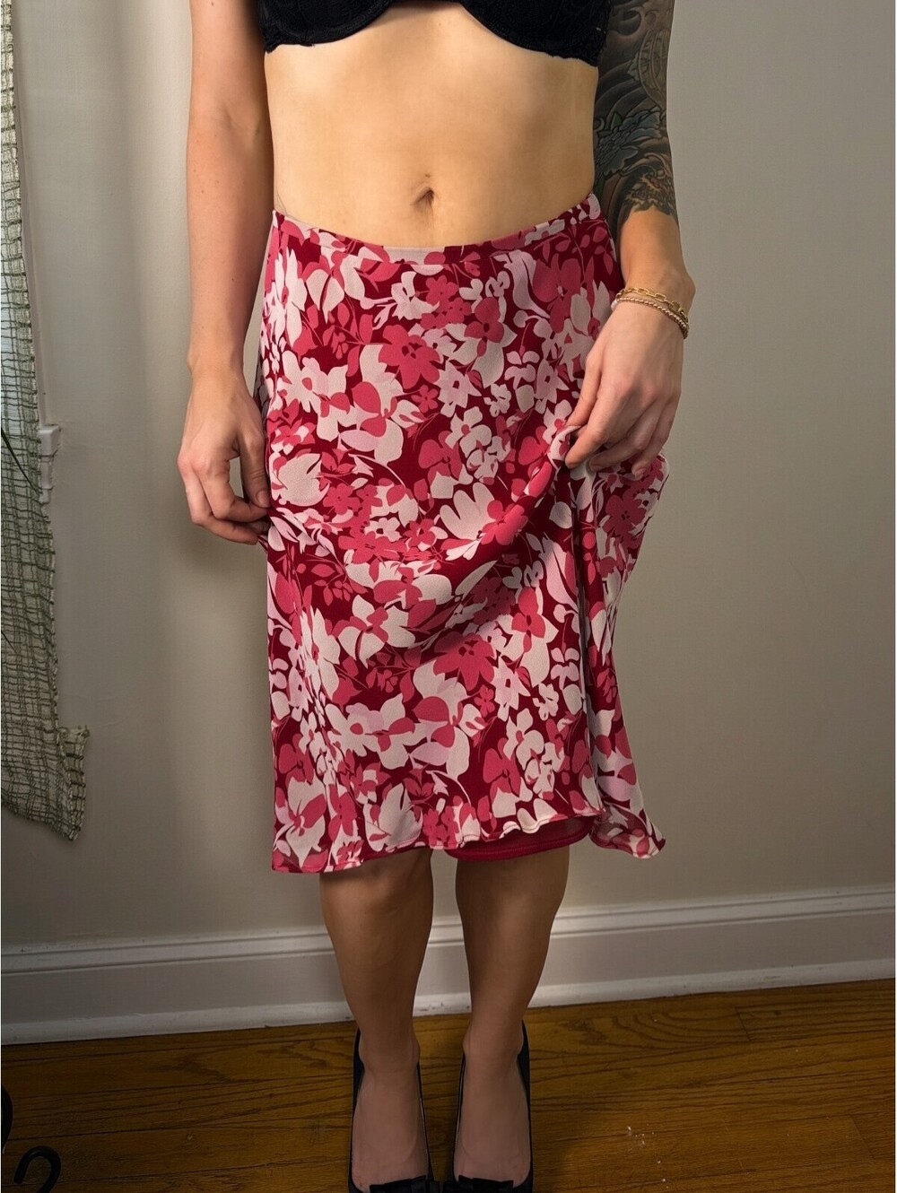 Vintage Ann Taylor 100% Silk Pink Floral Midi Skirt 6P Y2K